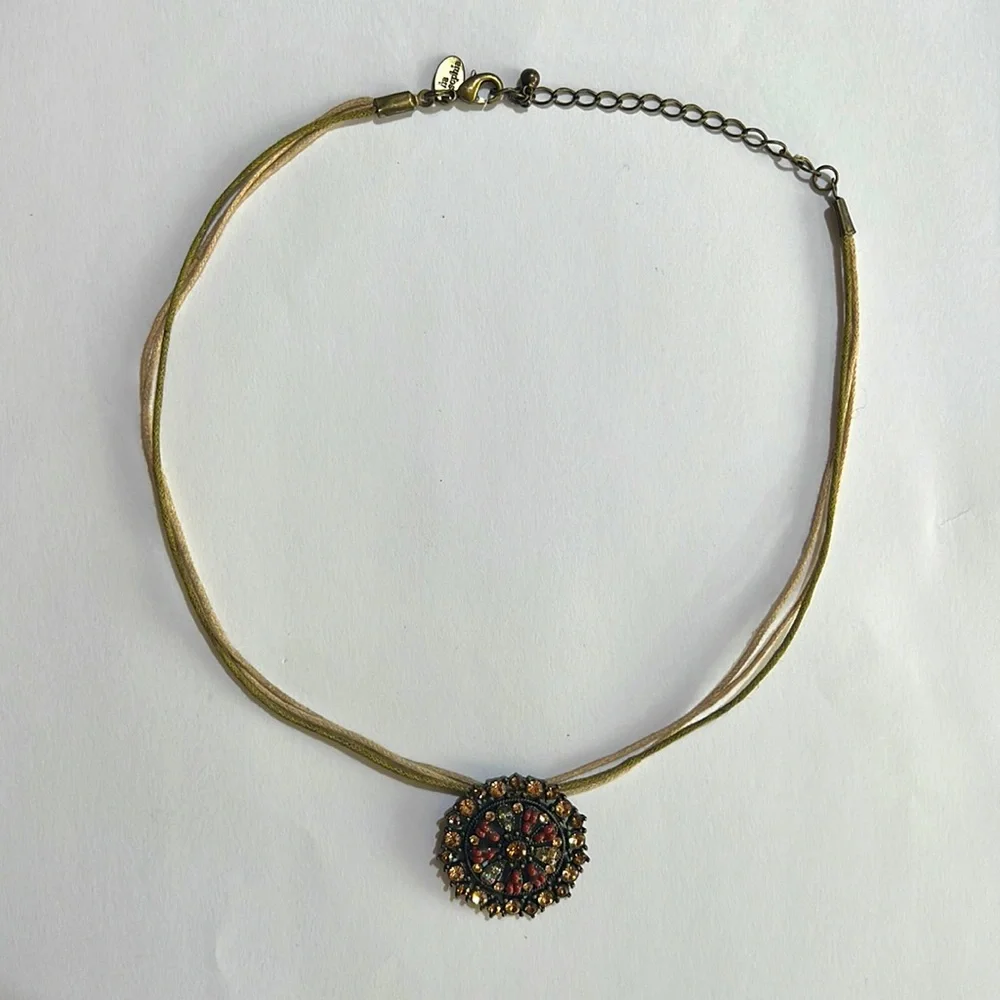 Round Pendant Multi-Color Brilliant Stones Gold Cord Strand